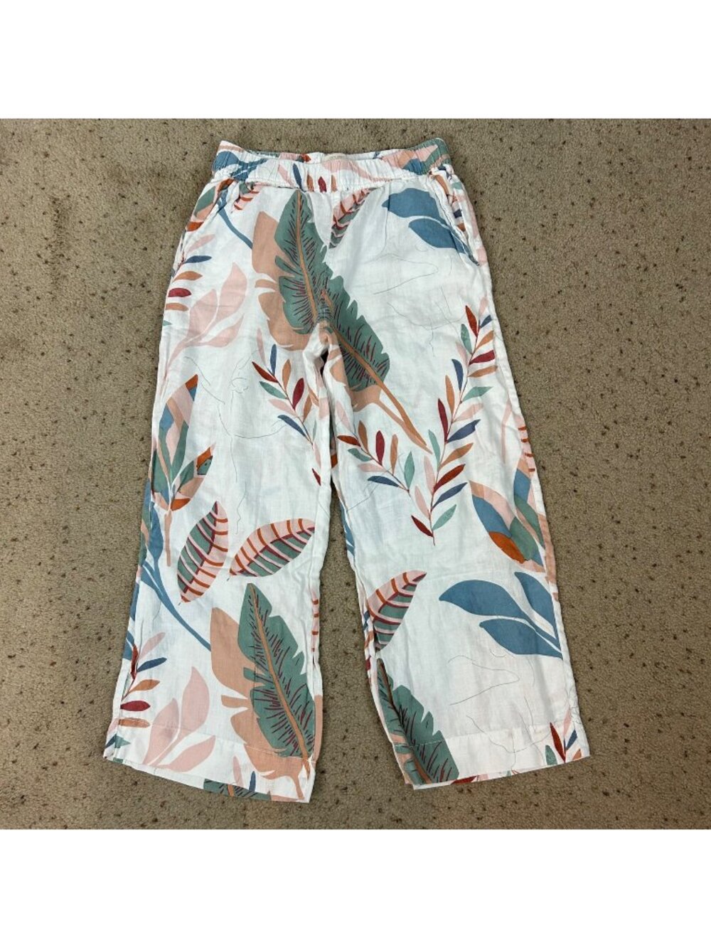 Cynthia Rowley Cropped Pants Colorful Leaf Print Linen Size Medium Women's